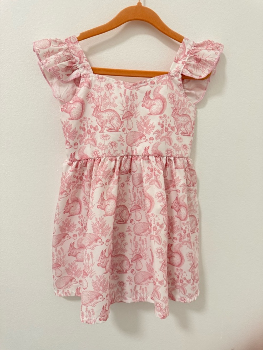 Girls' Pink Woodland Print Ruffle-Sleeve Dress